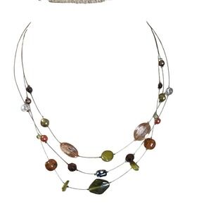 Multi Strand Floating Bead Illusion Necklace Earthy Green Amber  Tones Boho